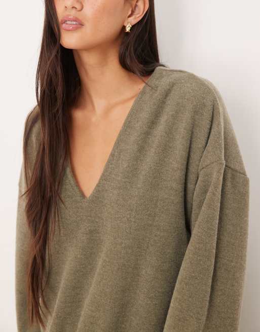 ASOS DESIGN supersoft v front dropped waist mini dress in khaki green, 3 of 4