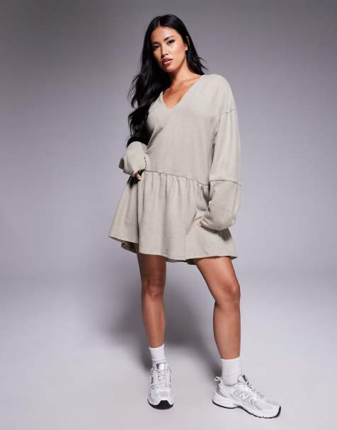 ASOS DESIGN supersoft V front dropped waist mini dress in taupe - view 1
