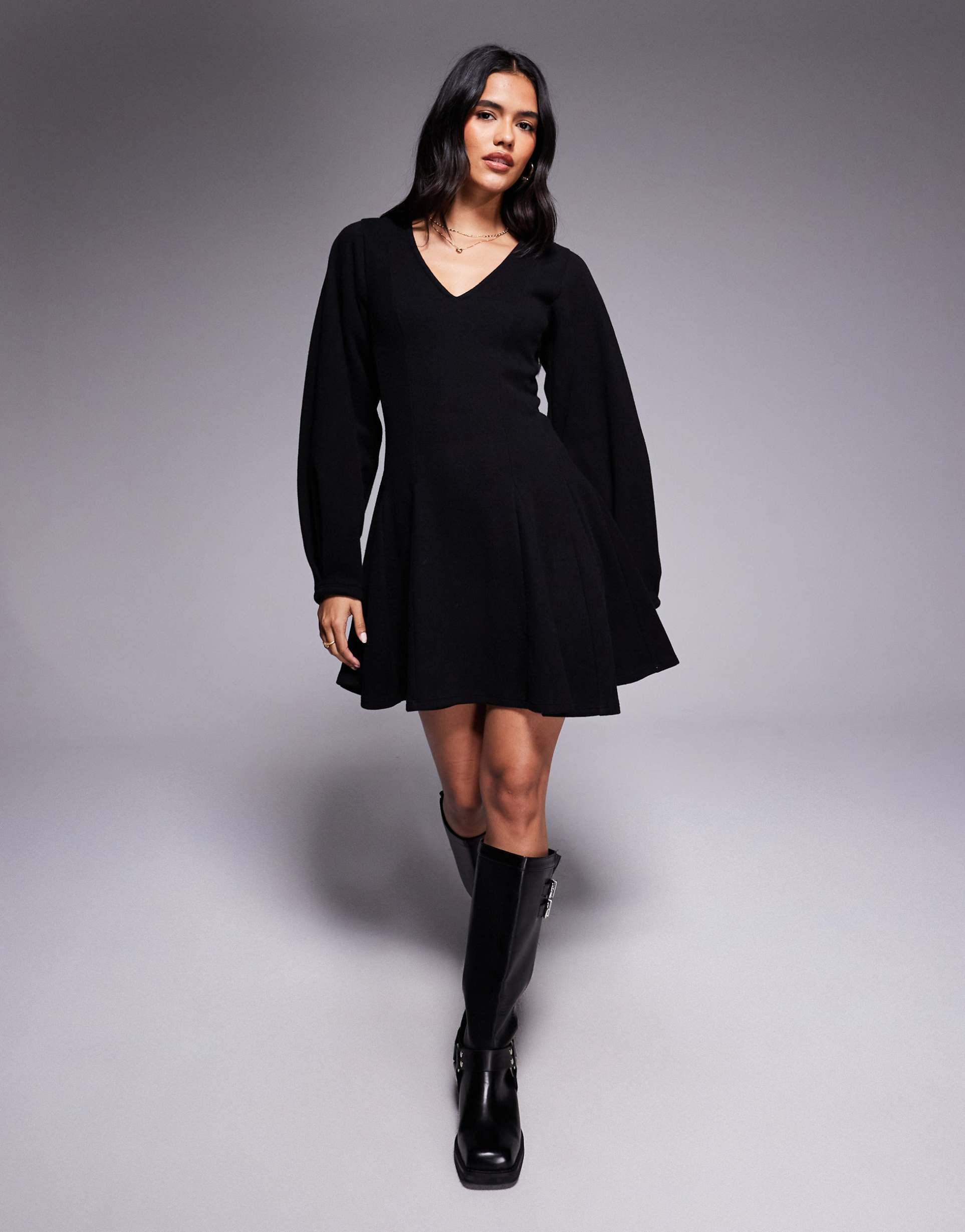 asos design supersoft v neck fit and flare mini dress with seam detailing in black