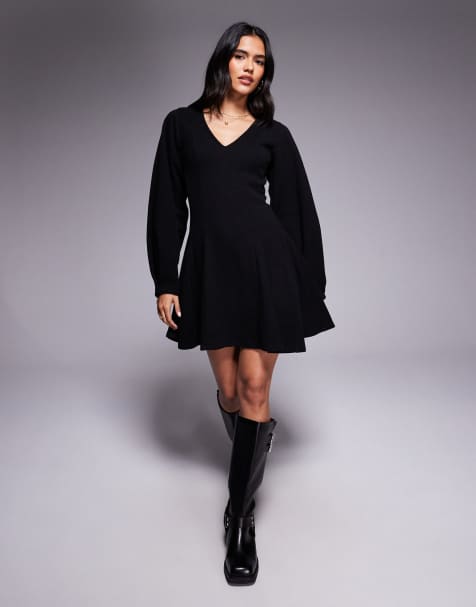 ASOS DESIGN supersoft V neck fit and flare with seam detail mini dress in black