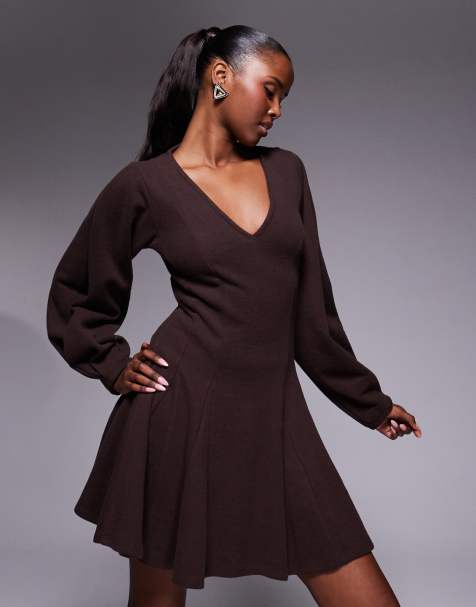 ASOS DESIGN supersoft V neck fit and flare with seam detail mini dress in chocolate - view 1