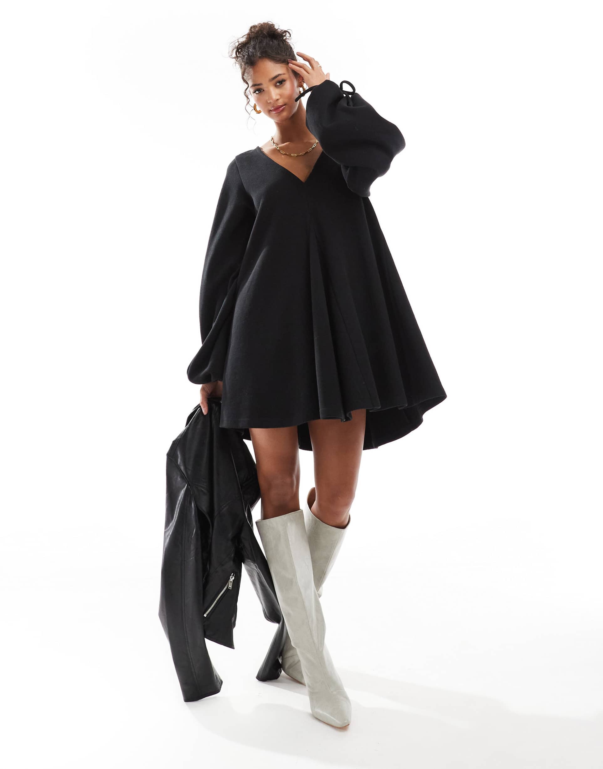 asos design supersoft v-neck flare hem skirt mini dress with tie sleeve in black