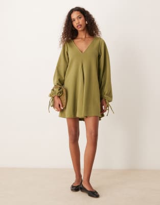 ASOS DESIGN supersoft v-neck flare hem skirt mini dress with tie sleeve in olive-Green