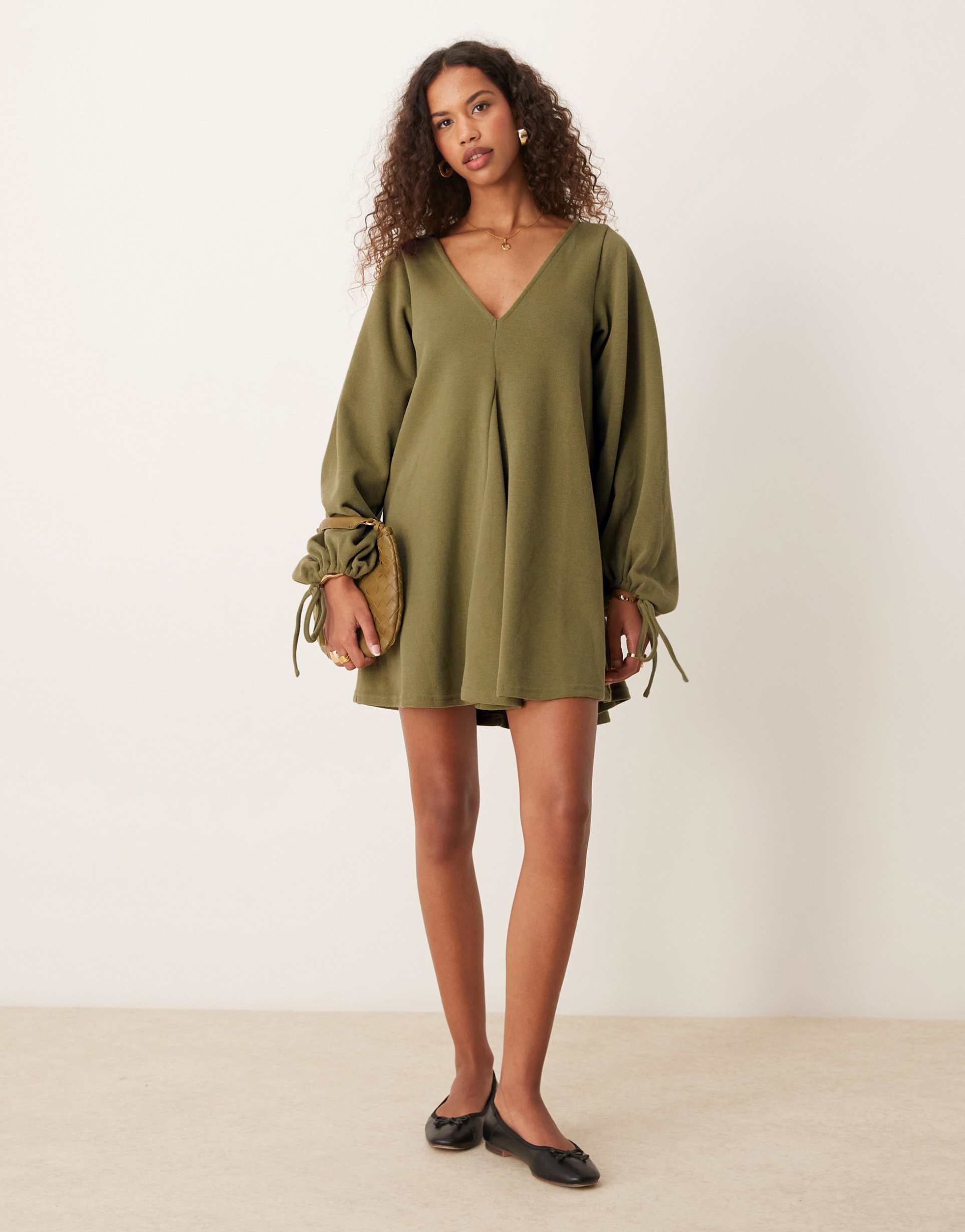 asos design supersoft v-neck flare hem skirt mini dress with tie sleeve in olive