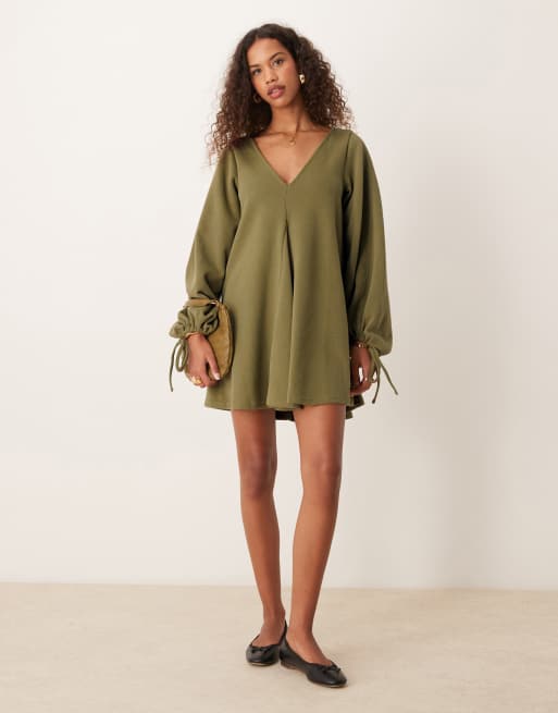 ASOS DESIGN supersoft v neck flare hem skirt mini dress with tie sleeve in olive ASOS