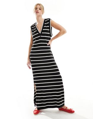 ASOS DESIGN supersoft v neck maxi sleeveless dress in mono stripe