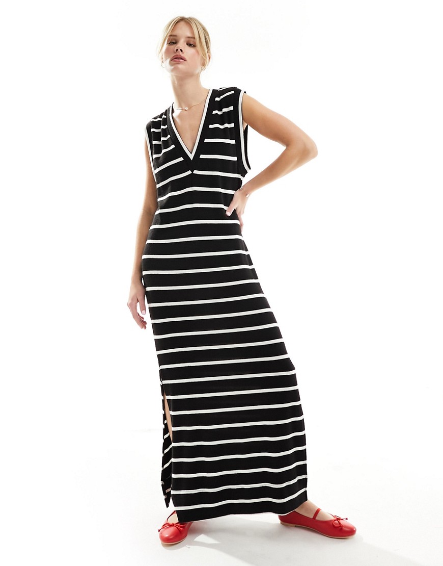 ASOS DESIGN supersoft v neck maxi sleeveless dress in mono stripe-Multi