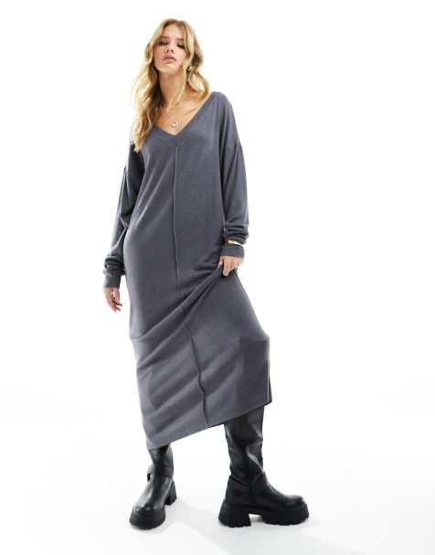 ASOS DESIGN Curve supersoft ribbed long sleeve maxi dress with collar in  gray spacedye