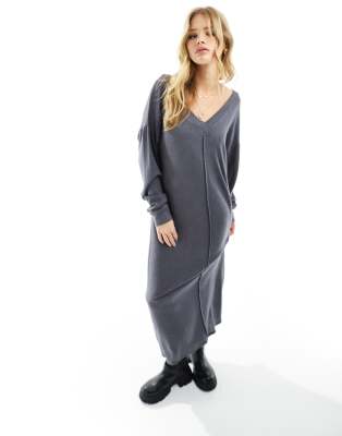 ASOS DESIGN supersoft v neck maxi with seam detail in charcoal