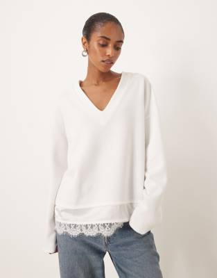 Asos Design Supersoft V Neck Sweat With Lace Insert In White