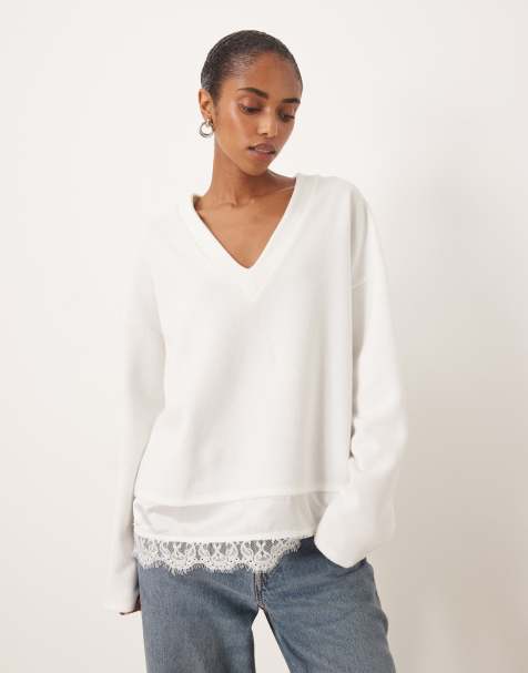 ASOS DESIGN Supersoft v neck sweat with lace insert in winter white - view 1