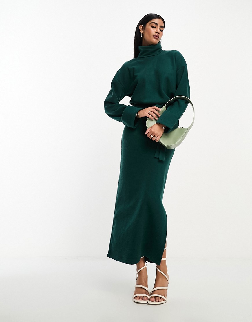 ASOS DESIGN supersoft volume sleeve roll neck belted maxi jumper dress in pine green - KHAKI