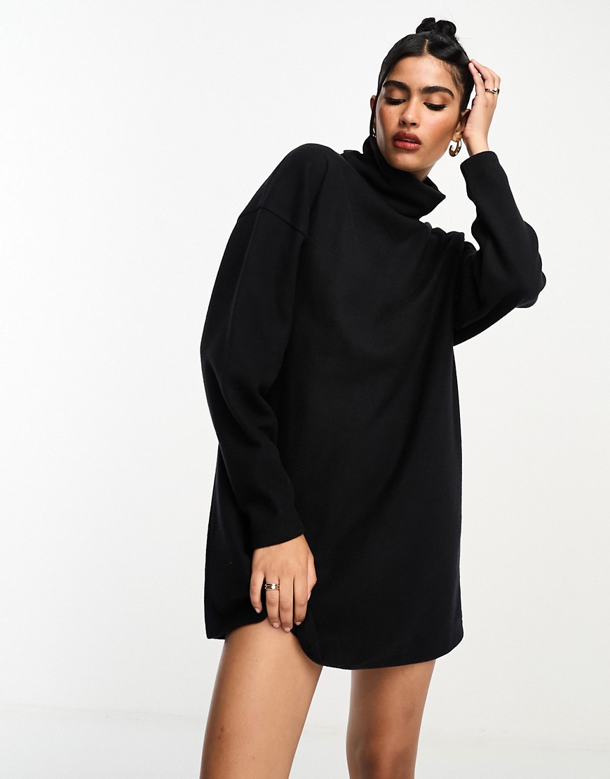 ASOS DESIGN supersoft volume sleeve roll neck mini jumper dress in black