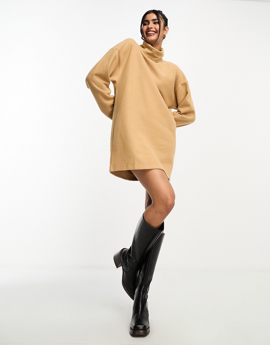 ASOS DESIGN supersoft volume sleeve roll neck mini jumper dress in camel-Brown