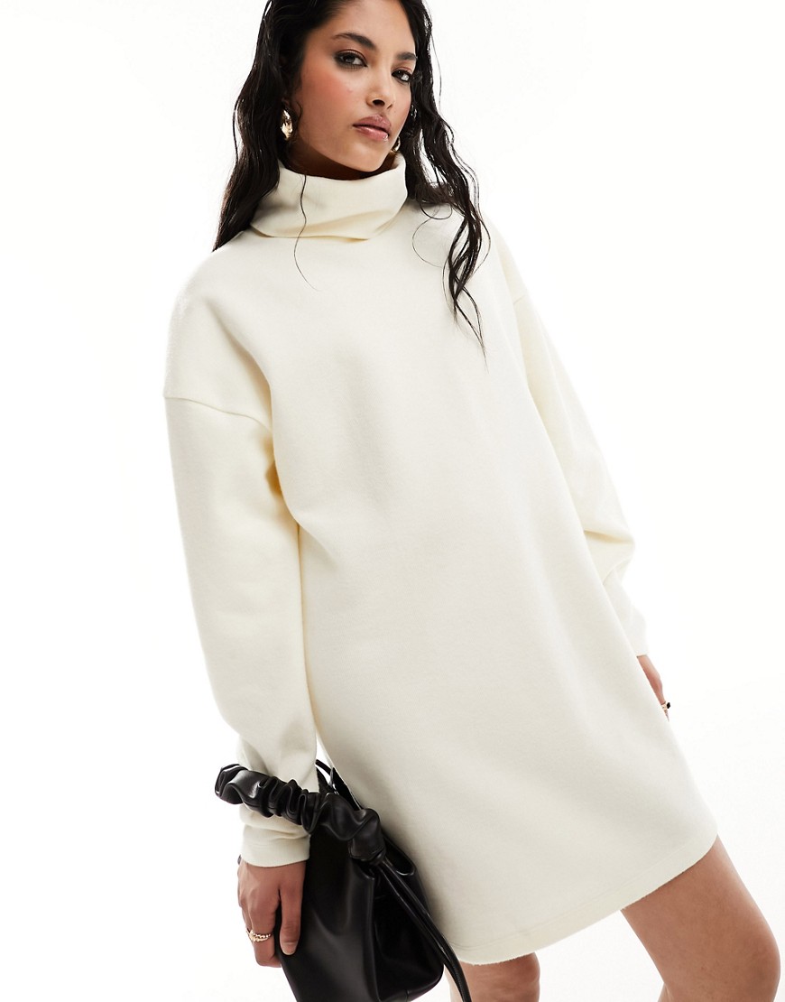 ASOS DESIGN supersoft volume sleeve roll neck mini jumper dress in ivory-White