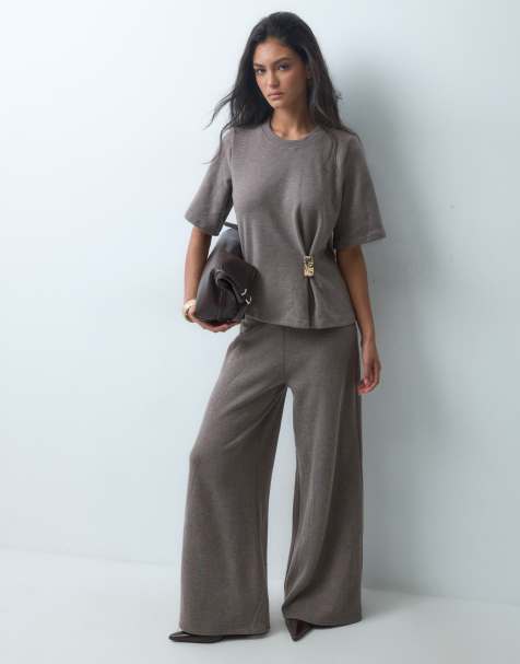ASOS DESIGN supersoft wide leg co-ord pant in brown - view 1