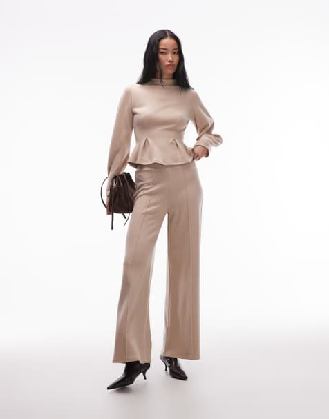 ASOS DESIGN supersoft wide leg pants in beige - part of a set - view 1