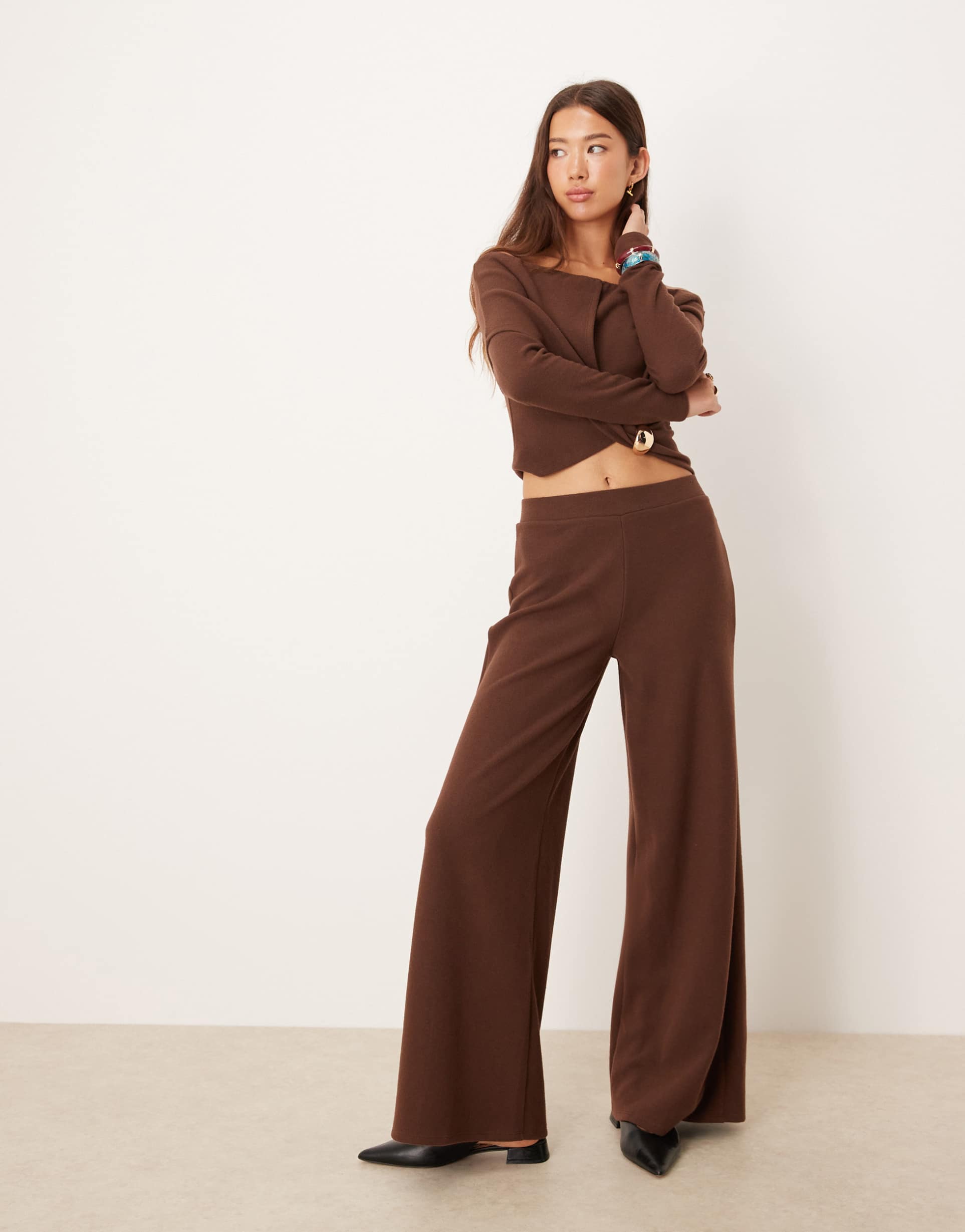 asos design supersoft wide leg pants in dark chocolate - part of a set