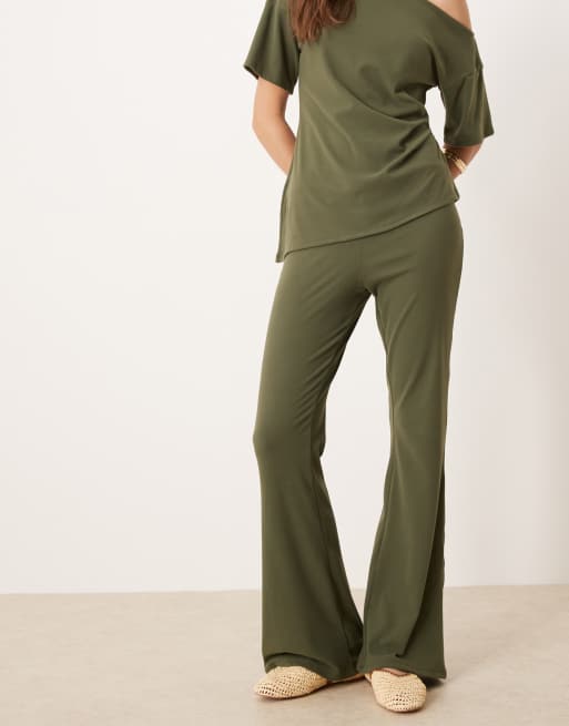 ASOS DESIGN supersoft wide leg pants in khaki (part of a set), 2 of 5