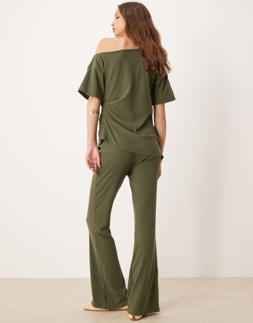 ASOS DESIGN supersoft wide leg pants in khaki (part of a set), 4 of 5