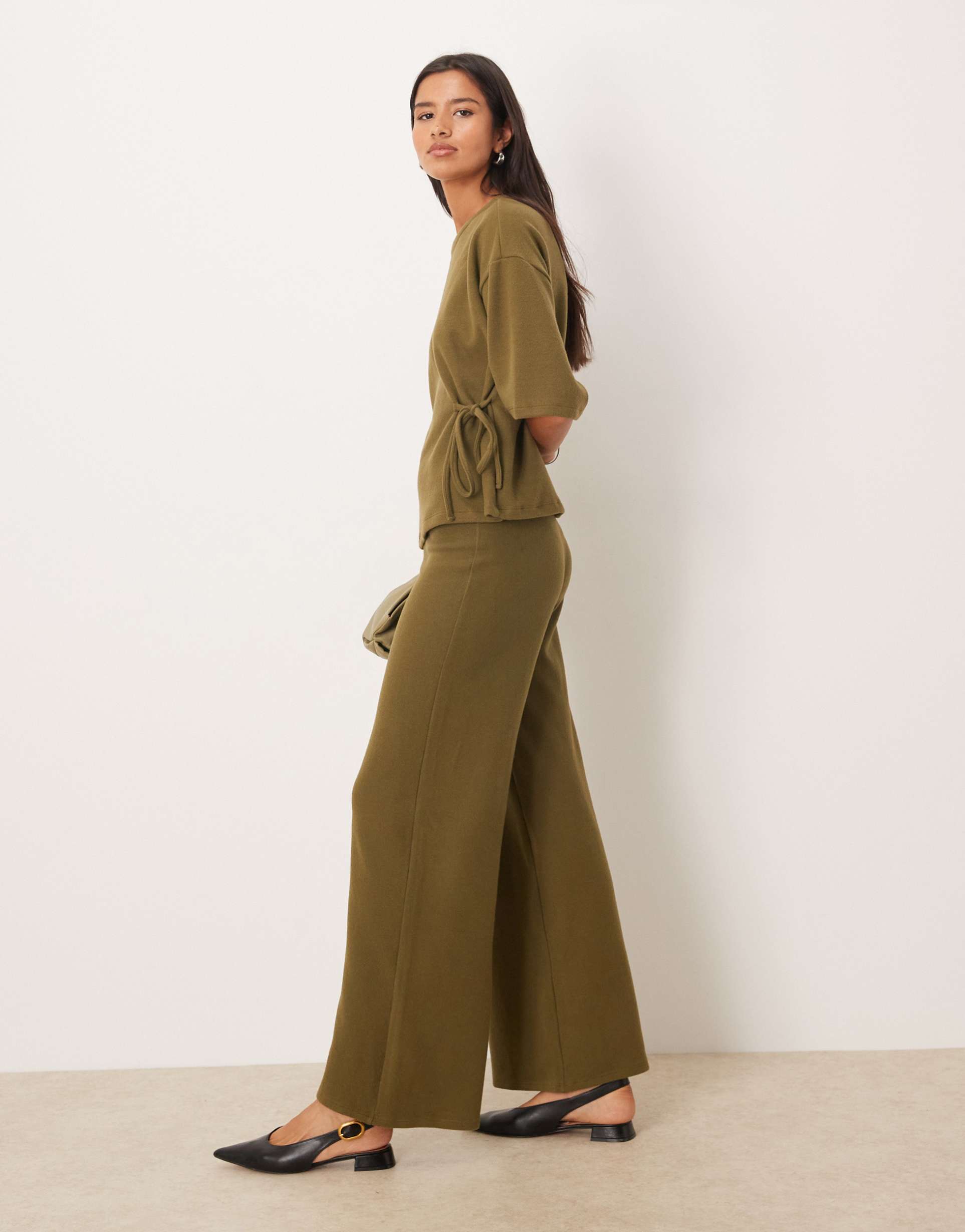 asos design supersoft wide leg pants in khaki - part of a set