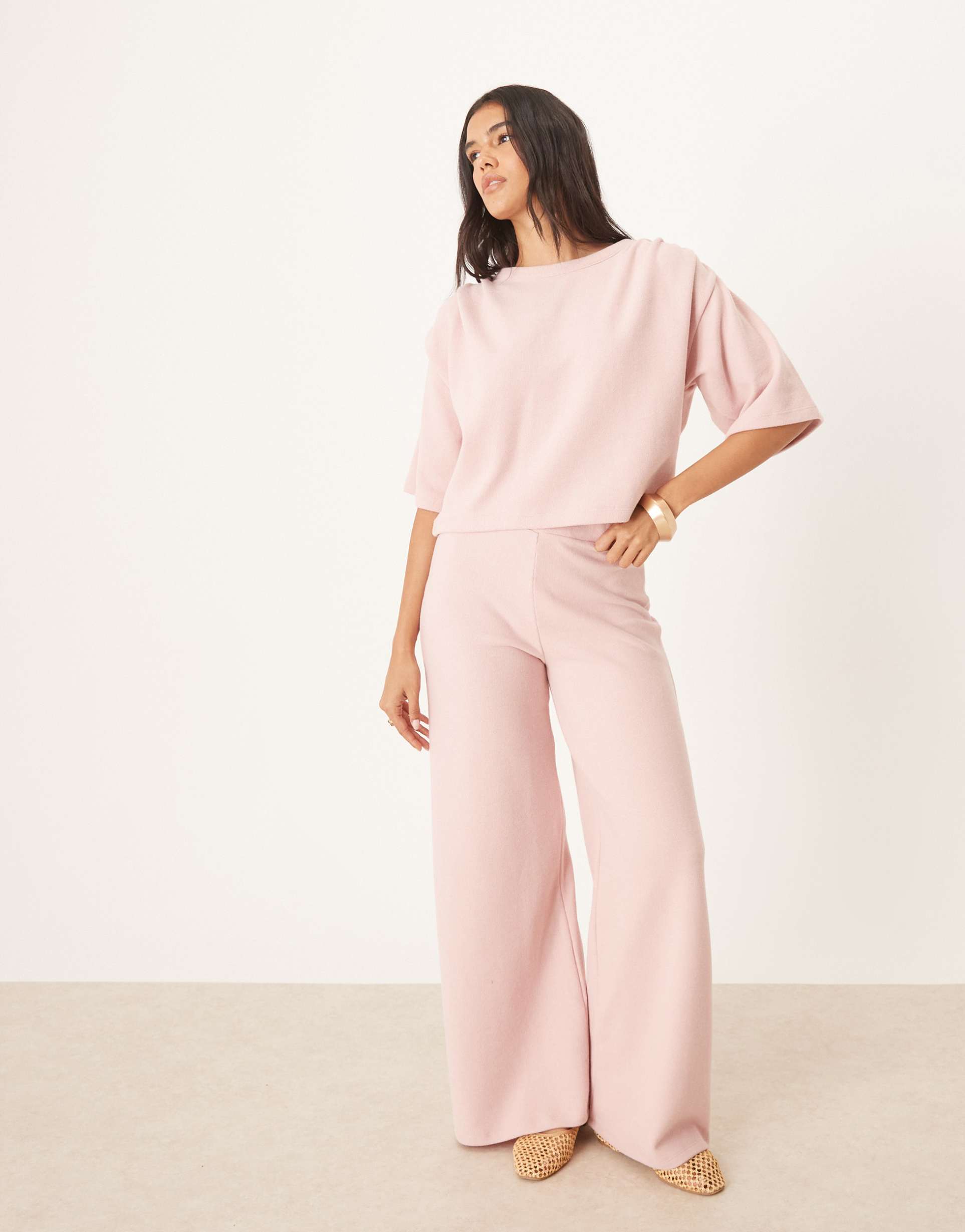 asos design supersoft wide leg pants in light pink - part of a set