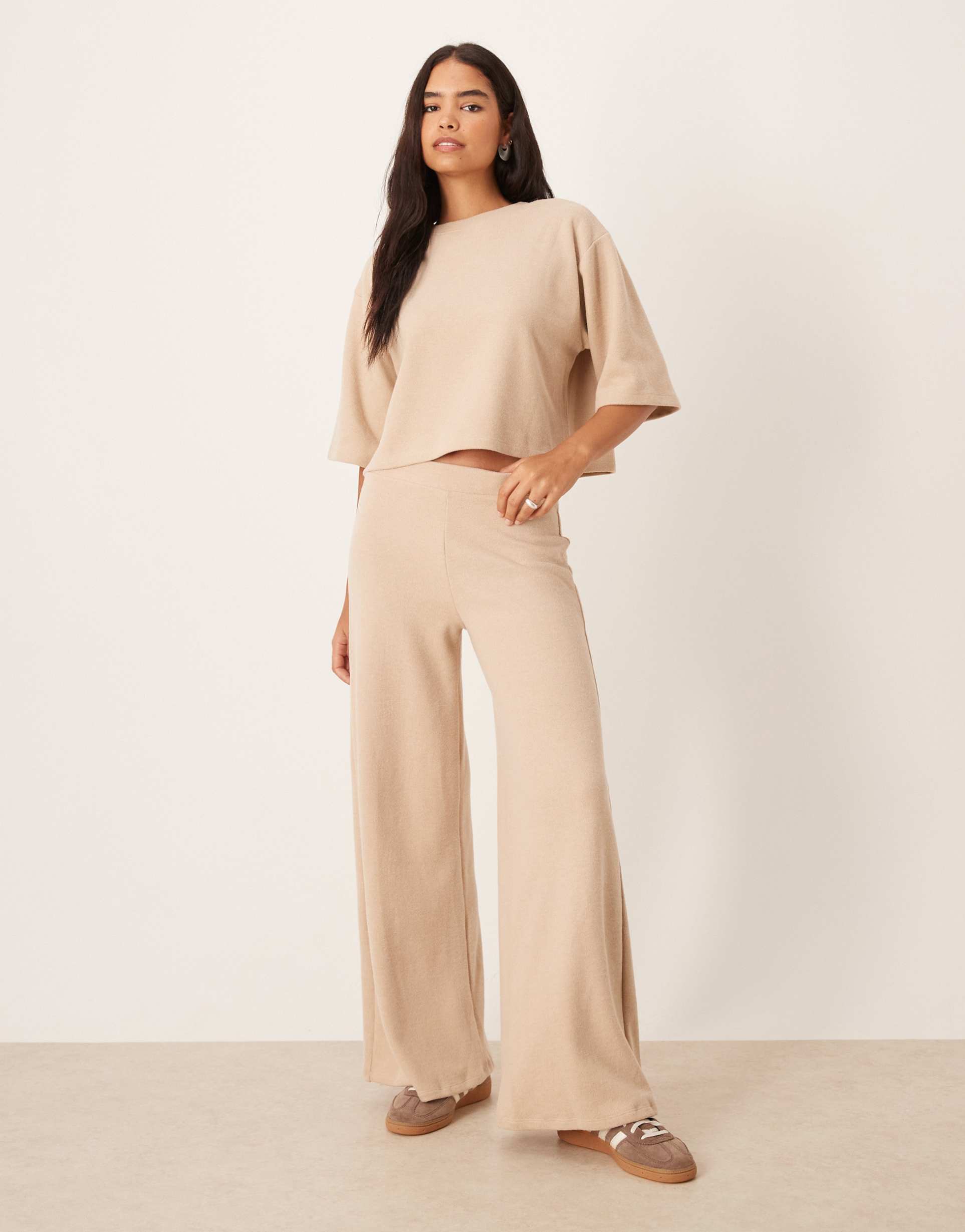 asos design supersoft wide leg pants in light taupe - part of a set