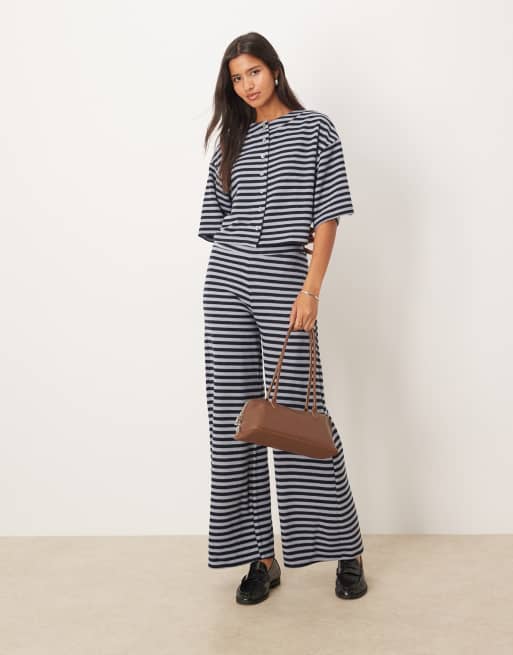 ASOS DESIGN Supersoft wide leg pants in navy stripe (part of a set), 2 of 5