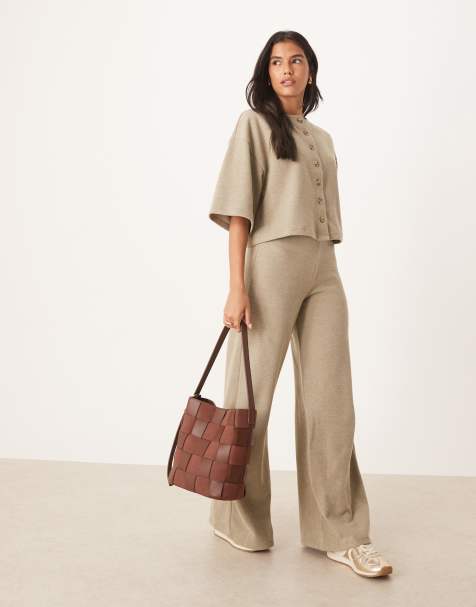ASOS DESIGN Supersoft wide leg pants in taupe heather - view 1