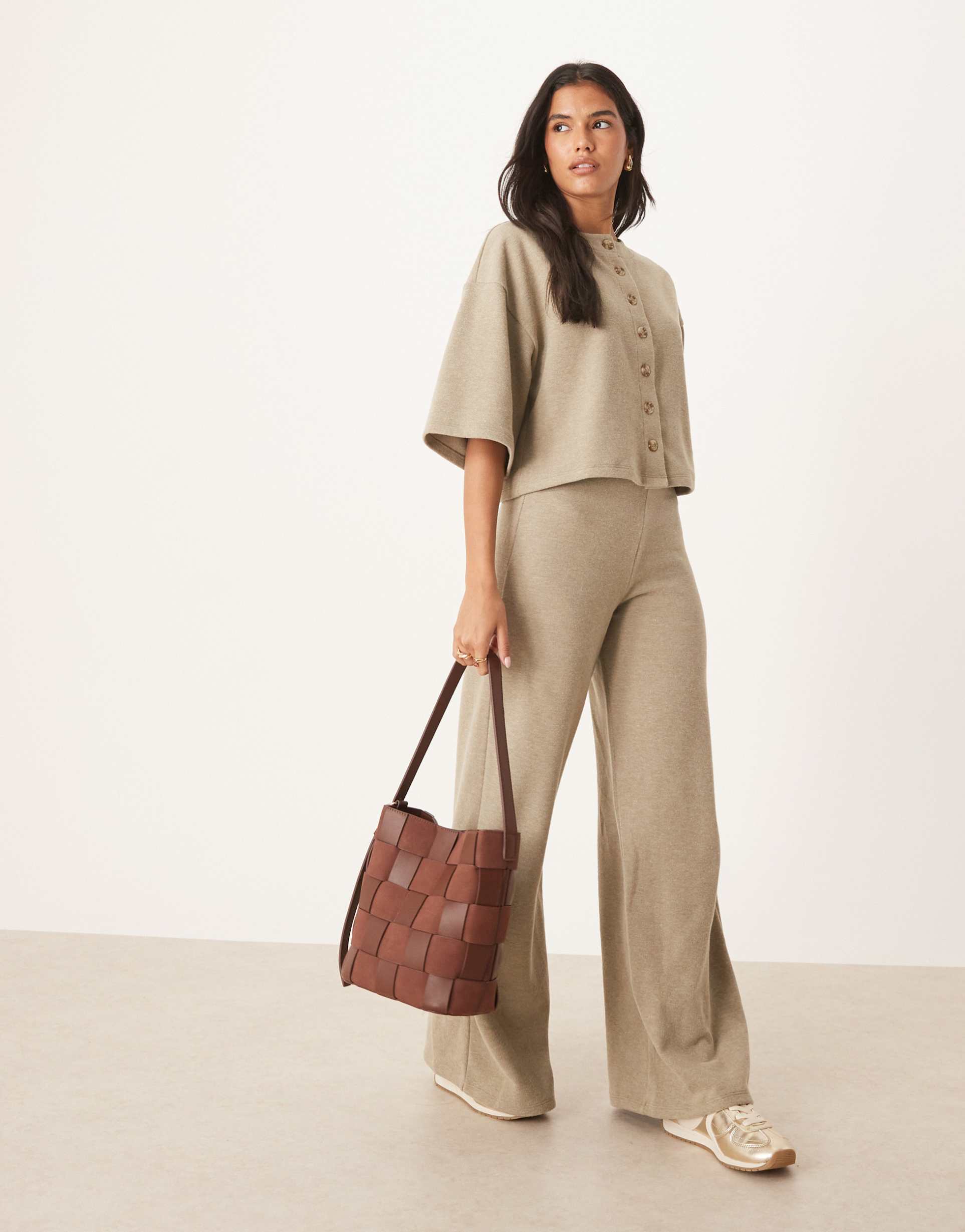 asos design supersoft wide leg pants in taupe heather