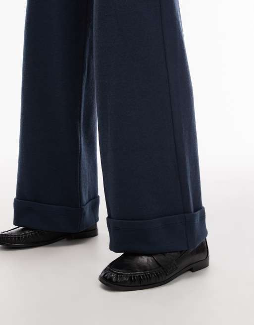 ASOS DESIGN Supersoft wide leg pants with turn up hem in navy, 5 of 5