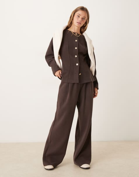 ASOS DESIGN supersoft wide leg pleat front trackies in chocolate (part of a set) - view 1
