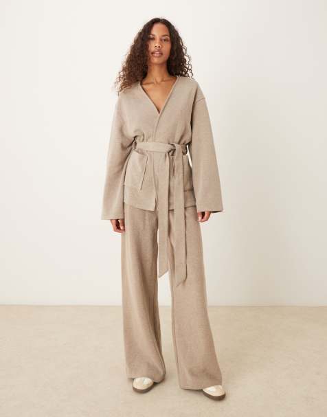 ASOS DESIGN supersoft wide leg pleated front sweatpants in heathered taupe - part of a set - view 1