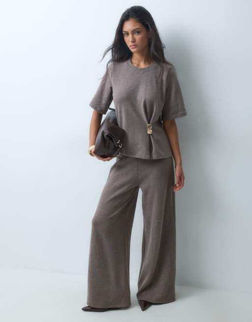 ASOS DESIGN supersoft pinch T-shirt and wide leg pants set in brown, 2 of 3