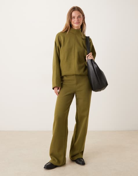 ASOS DESIGN supersoft wide leg trackies in khaki (part of a set) - view 1