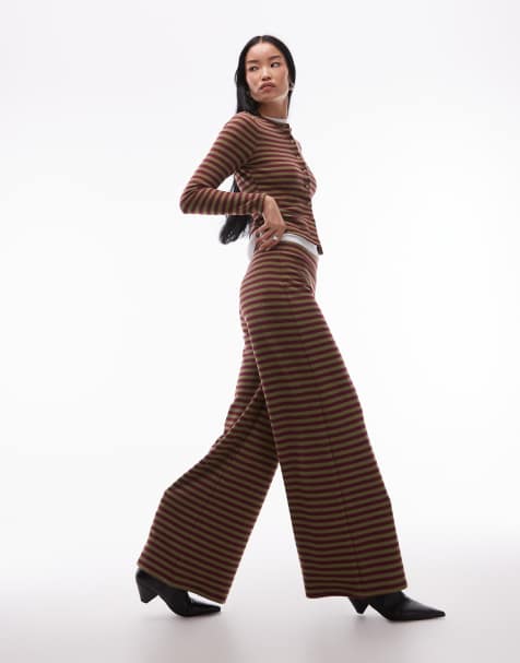 ASOS DESIGN supersoft wide leg trouser co-ord in burgundy stripe