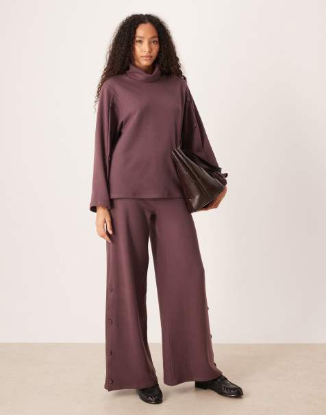 ASOS DESIGN Supersoft wide leg trouser co-ord with button details in washed plum - view 1