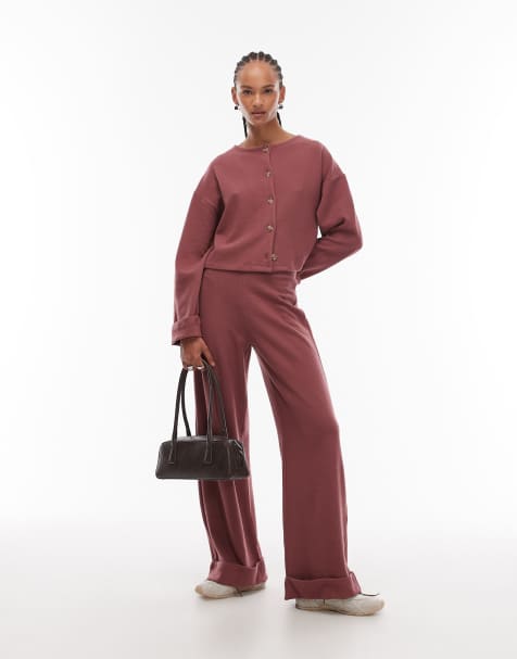 ASOS DESIGN Supersoft wide leg trouser with turn up hem in dark rose - view 1