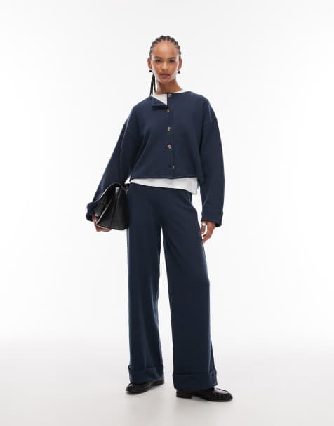 ASOS DESIGN Supersoft wide leg trouser with turn up hem in navy - view 1