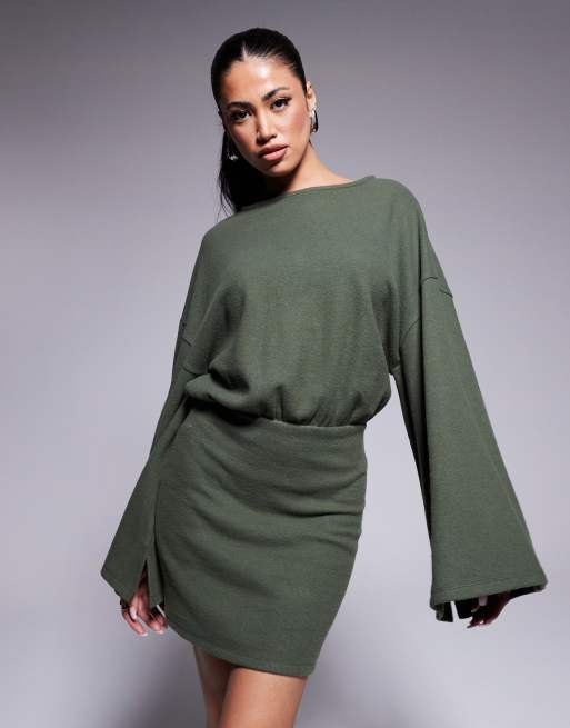 ASOS DESIGN supersoft wide long sleeve blouson mini dress in dark green