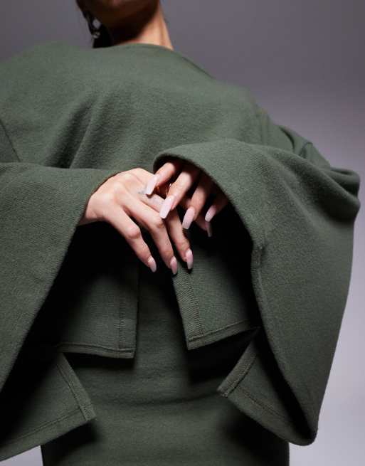 ASOS DESIGN supersoft wide long sleeve blouson mini dress in dark green