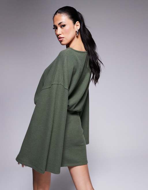 ASOS DESIGN supersoft wide long sleeve blouson mini dress in dark green