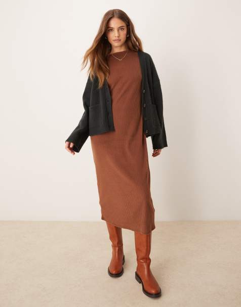 ASOS DESIGN supersoft wide rib midaxi T shirt dress in chocolate - view 1