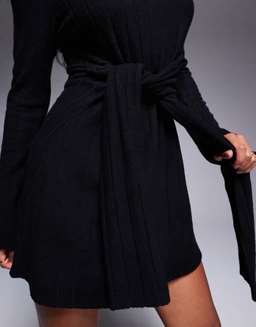 asos black skater dress ASOS DESIGN supersoft wide rib skater mini dress with tie waist in black