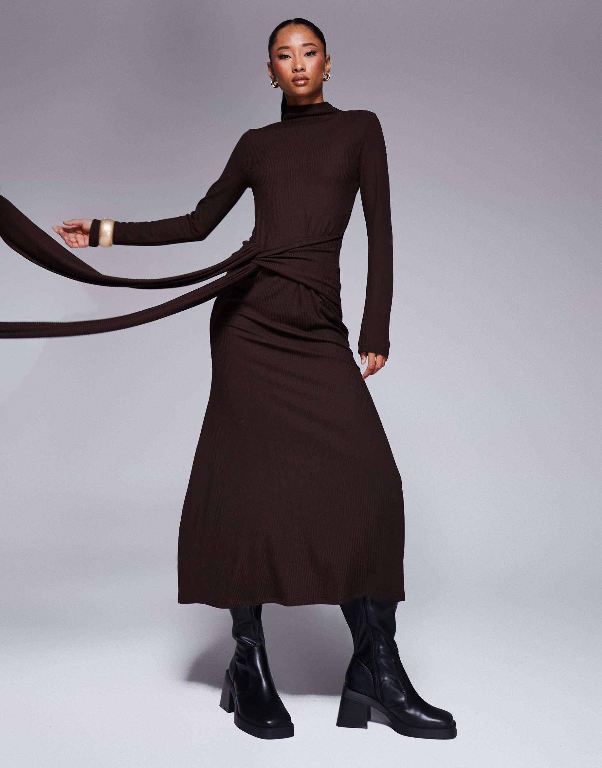 asos design supersoft wide rib tie front midi dress in chocolate