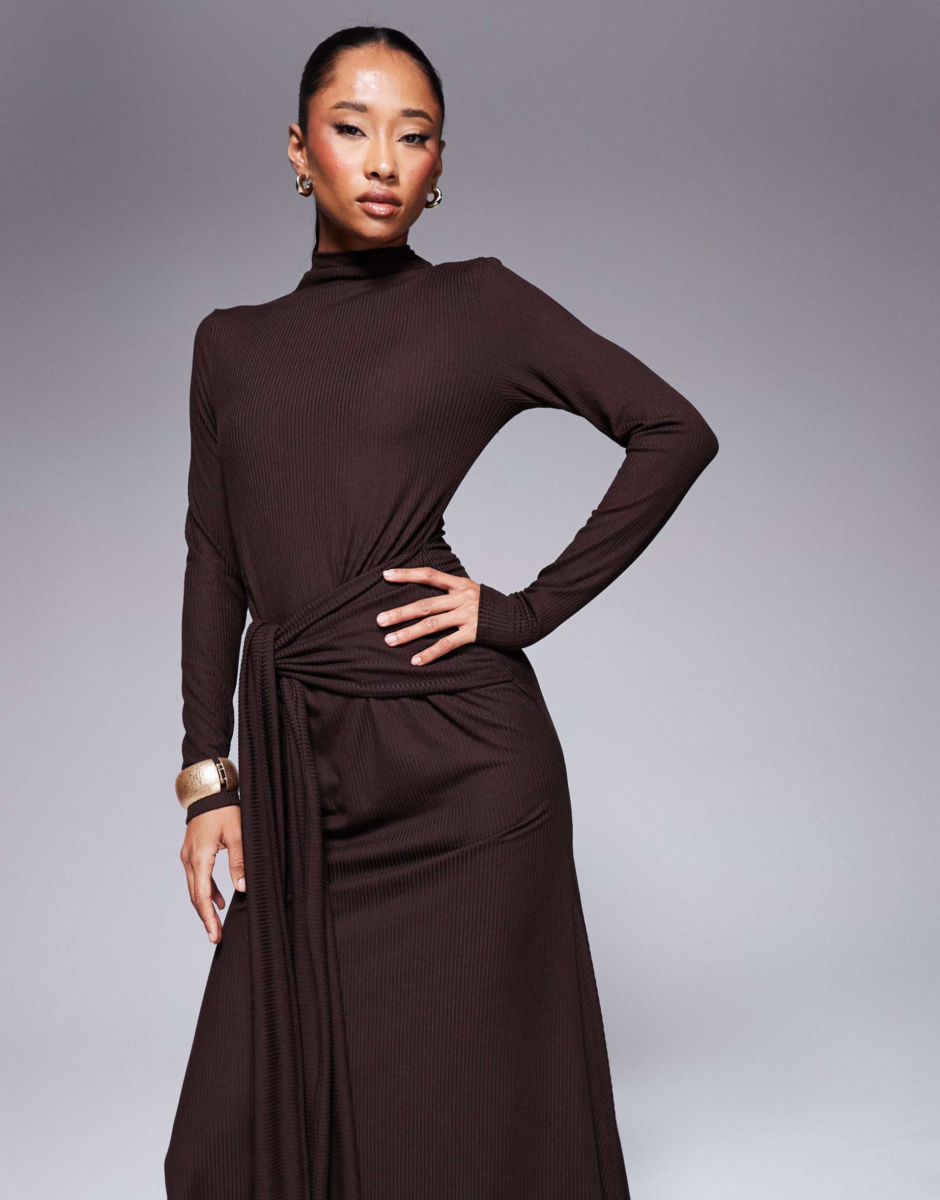 asos design supersoft wide rib tie front midi dress in chocolate