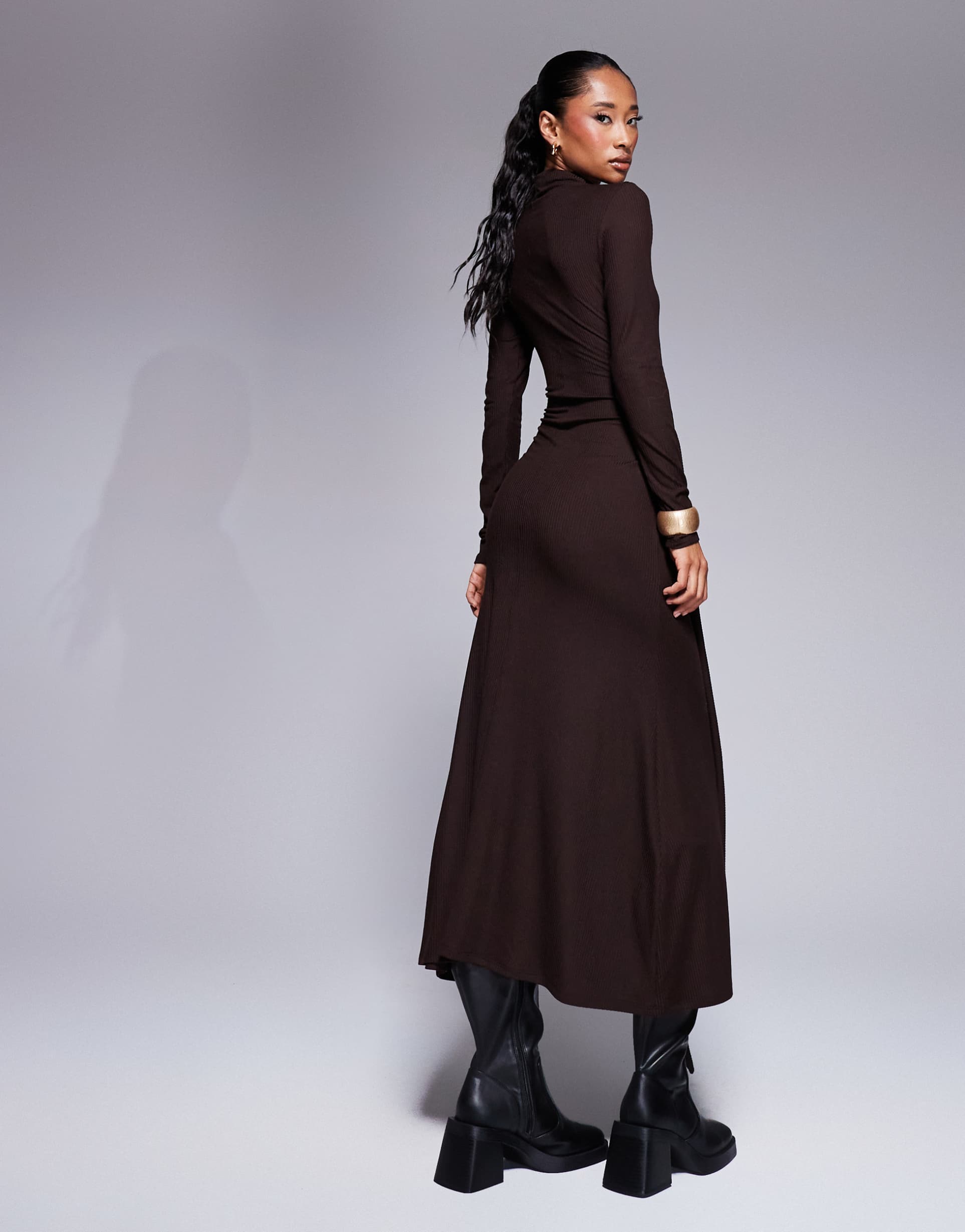 asos design supersoft wide rib tie front midi dress in chocolate