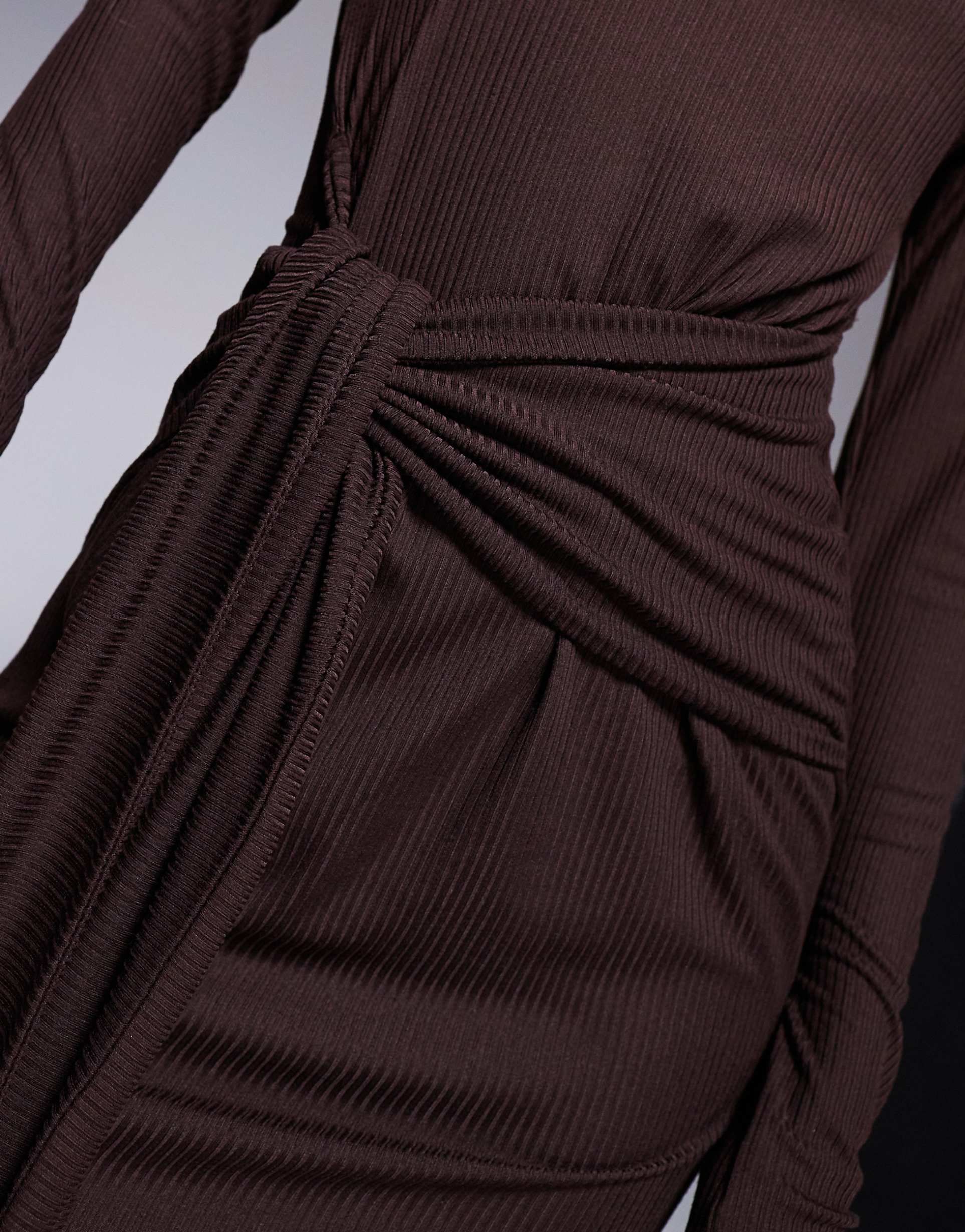asos design supersoft wide rib tie front midi dress in chocolate