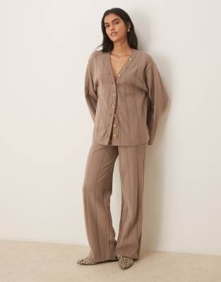 ASOS DESIGN ASOS DESIGN Supersoft wide rib wide leg co-ord trouser in - STONE - STONE-Neutral