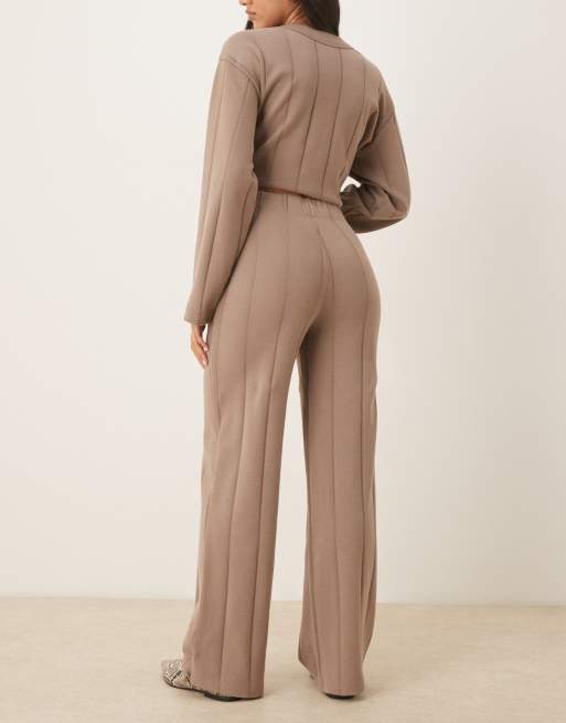 ASOS DESIGN Supersoft wide rib wide leg pants in stone - part of a set, 3 of 5